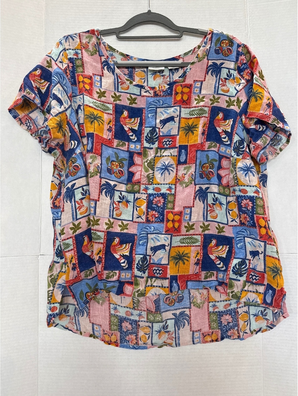 C&C California 100% Linen Colorful Tropical Print Short Sleeve Blouse Size 1X